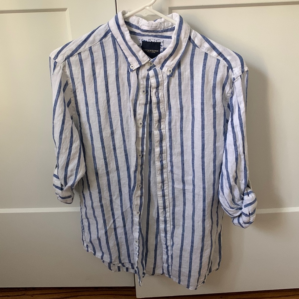 Men’s blue and white stripped linen button up with rolled sleeve option